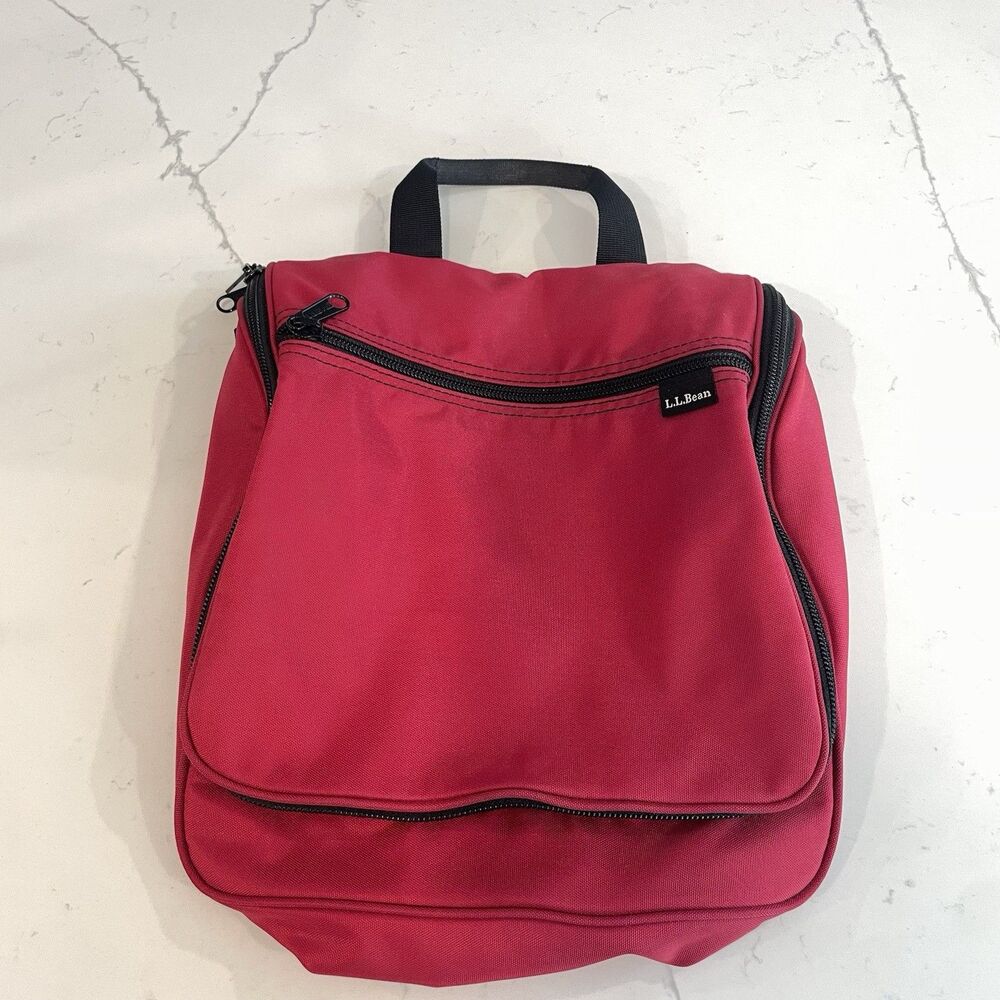 L.L. Bean Personal Organizer Toiletry Bag Large Hanging Travel Kit Red Nylon
